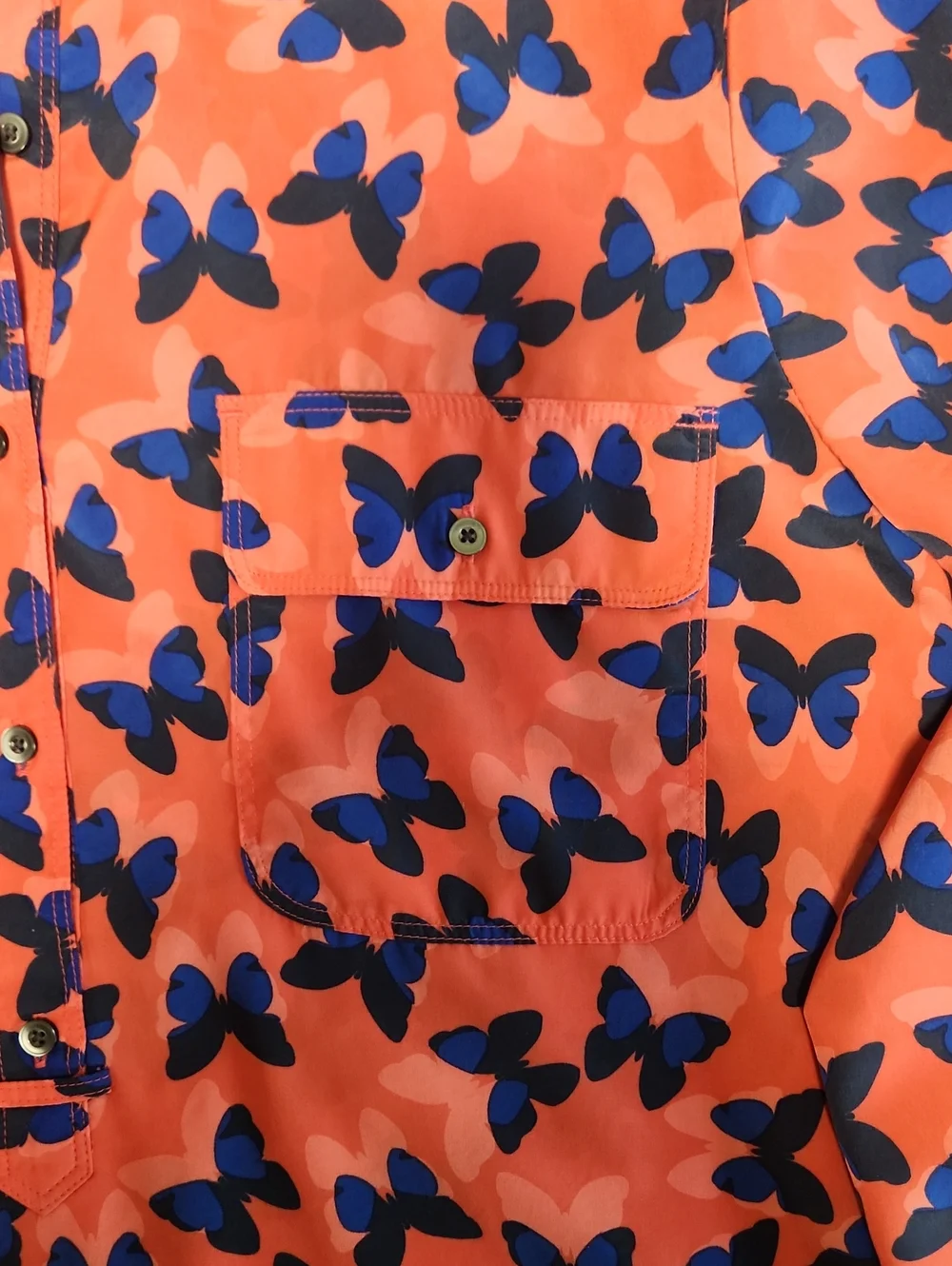GAP Coral Blouse with Blue Butterfly Print